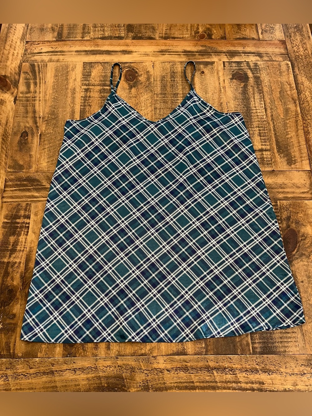 Cozy Rozy Plaid Satin Slip Mini Dress in Teal and Navy